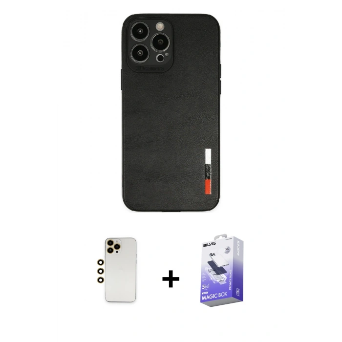 MARSİLYAN™- iPhone 13 Pro Max Kılıf Doruk Asil Koleksiyonu - Siyah Bilvis 5in1 5D Magic Hayalet Cam Ekran Koruyucu + Shine Kamera Lens - GD