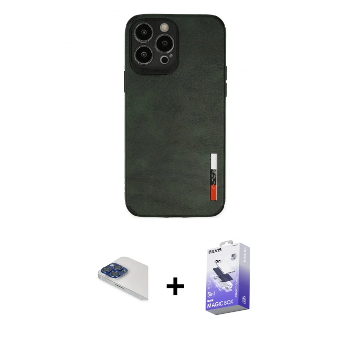 MARSİLYAN™- iPhone 13 Pro Max Kılıf Doruk Asil Koleksiyonu - Siyah Bilvis 5in1 5D Magic Hayalet Cam Ekran Koruyucu + Lacivert Pers Alüminyum Kamera Lens