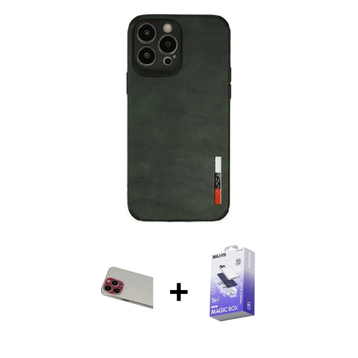 MARSİLYAN™- iPhone 13 Pro Max Kılıf Doruk Asil Koleksiyonu - Siyah Bilvis 5in1 5D Magic Hayalet Cam Ekran Koruyucu + Kırmızı Rainbow Kamera Lens Koruma Cam