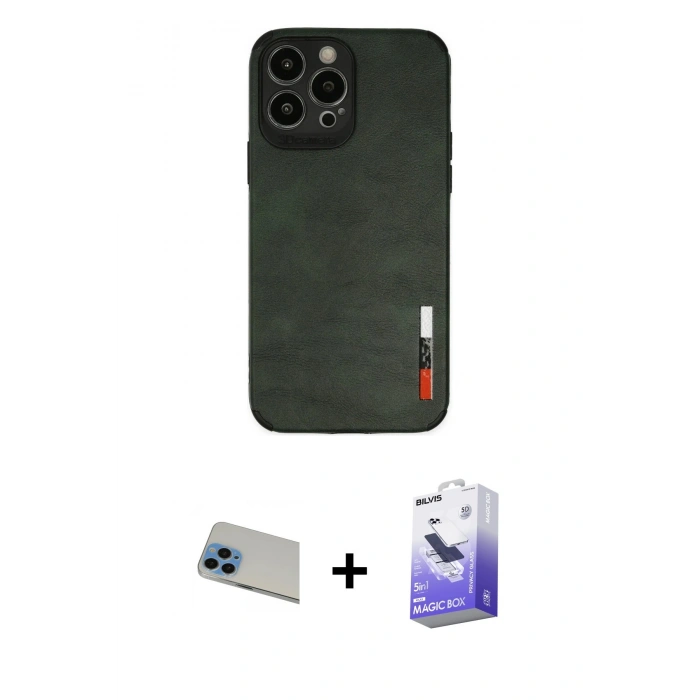 MARSİLYAN™- iPhone 13 Pro Max Kılıf Doruk Asil Koleksiyonu - Siyah Bilvis 5in1 5D Magic Hayalet Cam Ekran Koruyucu + Rainbow Kamera Lens Koruma Cam - MI