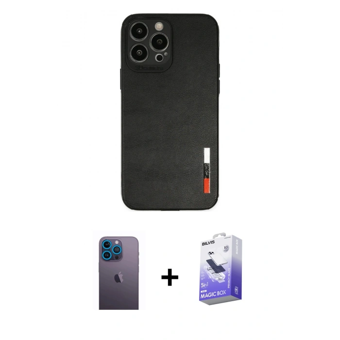 MARSİLYAN™- iPhone 13 Pro Max Kılıf Doruk Asil Koleksiyonu - Siyah Bilvis 5in1 5D Magic Hayalet Cam Ekran Koruyucu + Neon Fosforlu Kamera Lens - MI