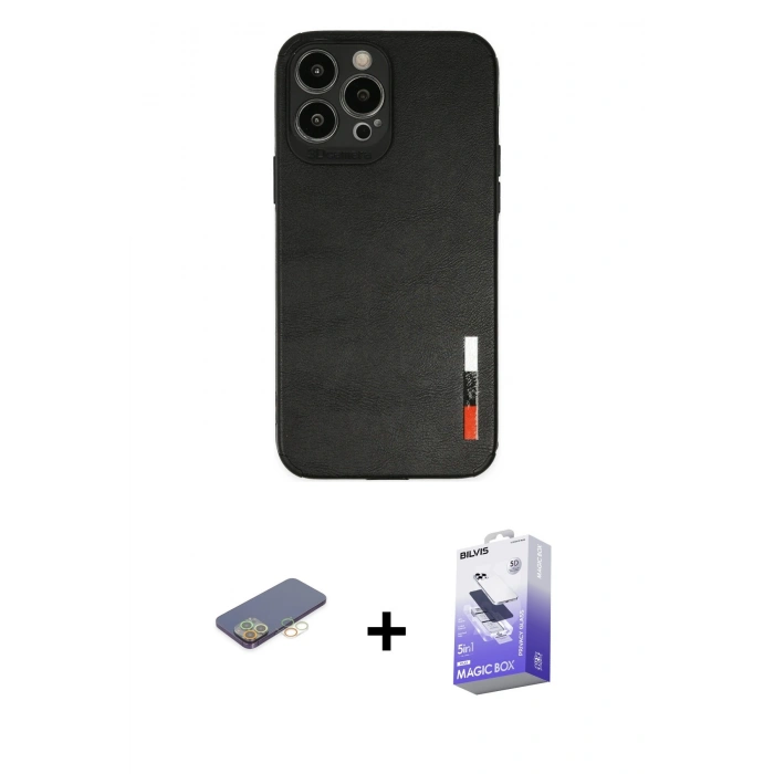 MARSİLYAN™- iPhone 13 Pro Max Kılıf Doruk Asil Koleksiyonu - Siyah Bilvis 5in1 5D Magic Hayalet Cam Ekran Koruyucu + Renkli Kamera Lens Koruma Cam - SI