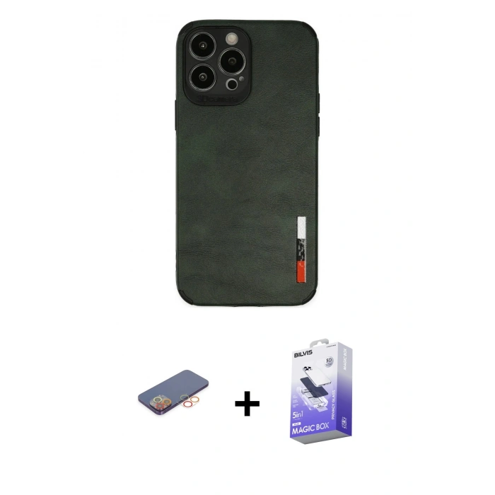 MARSİLYAN™- iPhone 13 Pro Max Kılıf Doruk Asil Koleksiyonu - Siyah Bilvis 5in1 5D Magic Hayalet Cam Ekran Koruyucu + Renkli Kamera Lens Koruma Cam - TU