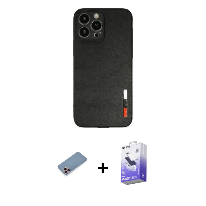 MARSİLYAN™- iPhone 13 Pro Max Kılıf Doruk Asil Koleksiyonu - Siyah Bilvis 5in1 5D Magic Hayalet Cam Ekran Koruyucu + Pembe Shine Kamera Lens Koruma Cam