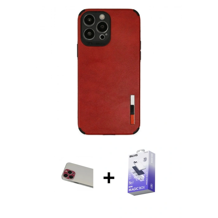 MARSİLYAN™- iPhone 13 Pro Max Kılıf Doruk Asil Koleksiyonu - Siyah Bilvis 5in1 5D Magic Hayalet Cam Ekran Koruyucu + Kırmızı Rainbow Kamera Lens Koruma Cam
