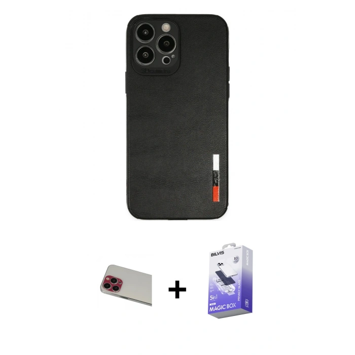 MARSİLYAN™- iPhone 13 Pro Max Kılıf Doruk Asil Koleksiyonu - Siyah Bilvis 5in1 5D Magic Hayalet Cam Ekran Koruyucu + Kırmızı Rainbow Kamera Lens Koruma Cam