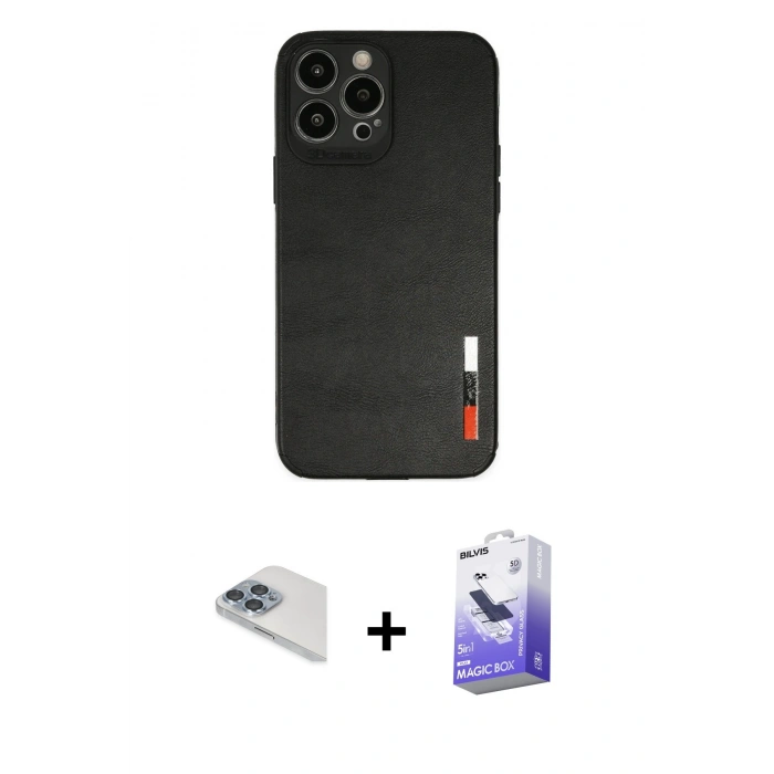 MARSİLYAN™- iPhone 13 Pro Max Kılıf Doruk Asil Koleksiyonu - Siyah Bilvis 5in1 5D Magic Hayalet Cam Ekran Koruyucu + Sierra Blue Pers Alüminyum Kamera Lens