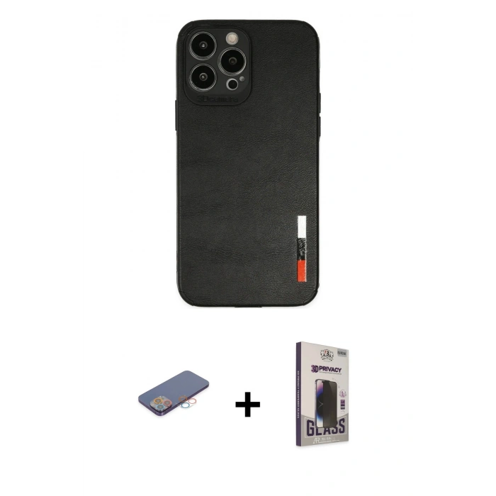 MARSİLYAN™- iPhone 13 Pro Max Kılıf Doruk Asil Koleksiyonu - Siyah Bilvis Hayalet Cam Ekran Koruyucu + Renkli Kamera Lens Koruma Cam - PE