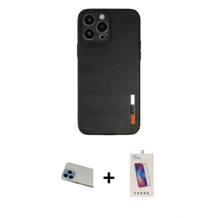 MARSİLYAN™- iPhone 13 Pro Max Kılıf Doruk Asil Koleksiyonu - Siyah Joko 5D Cam + Rainbow Kamera Lens Koruma Cam - MI