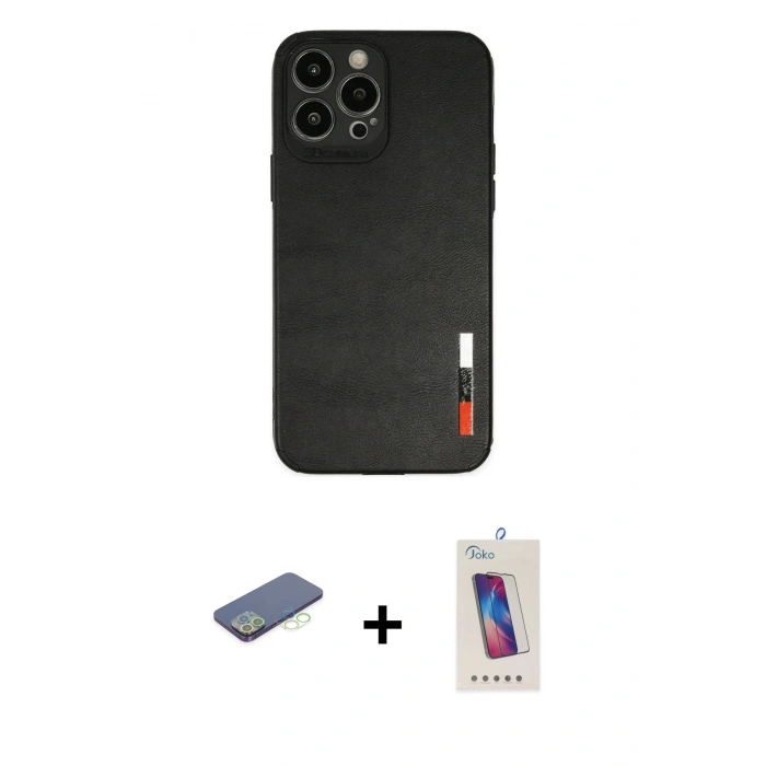MARSİLYAN™- iPhone 13 Pro Max Kılıf Doruk Asil Koleksiyonu - Siyah Joko 5D Cam + Renkli Kamera Lens Koruma Cam - YL