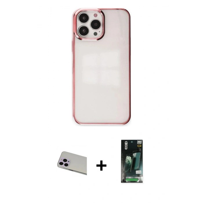 MARSİLYAN™- iPhone 13 Pro Max Kılıf Doruk Doku Prime - Şeffaf 360 Full Body Arka Koruyucu + Rainbow Kamera Lens Koruma Cam - MR