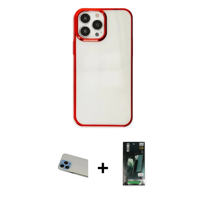 MARSİLYAN™- iPhone 13 Pro Max Kılıf Doruk Doku Prime - Şeffaf 360 Full Body Arka Koruyucu + Rainbow Kamera Lens Koruma Cam - MI