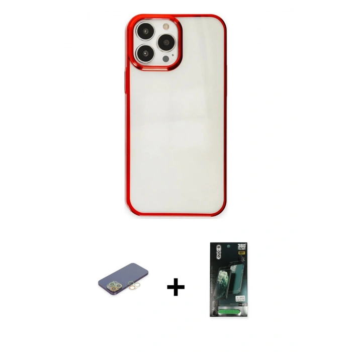 MARSİLYAN™- iPhone 13 Pro Max Kılıf Doruk Doku Prime - Şeffaf 360 Full Body Arka Koruyucu + Renkli Kamera Lens Koruma Cam - SI