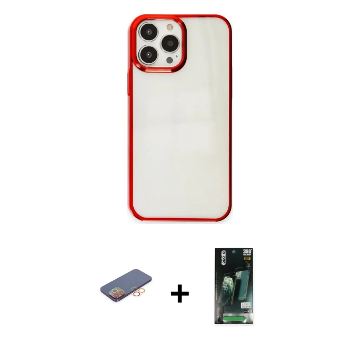 MARSİLYAN™- iPhone 13 Pro Max Kılıf Doruk Doku Prime - Şeffaf 360 Full Body Arka Koruyucu + Renkli Kamera Lens Koruma Cam - TU