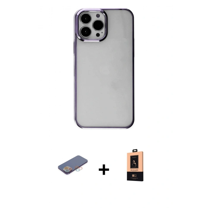 MARSİLYAN™- iPhone 13 Pro Max Kılıf Doruk Doku Prime - Şeffaf Maxco Cam Ekran Koruyucu + Renkli Kamera Lens Koruma Cam - PE