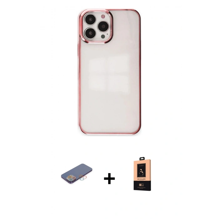 MARSİLYAN™- iPhone 13 Pro Max Kılıf Doruk Doku Prime - Şeffaf Maxco Cam Ekran Koruyucu + Renkli Kamera Lens Koruma Cam - PE