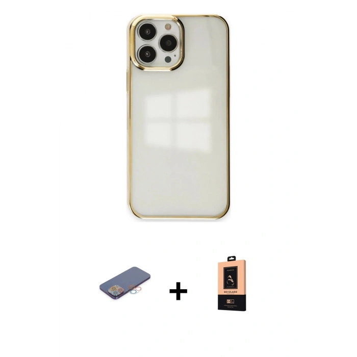 MARSİLYAN™- iPhone 13 Pro Max Kılıf Doruk Doku Prime - Şeffaf Maxco Cam Ekran Koruyucu + Renkli Kamera Lens Koruma Cam - PE