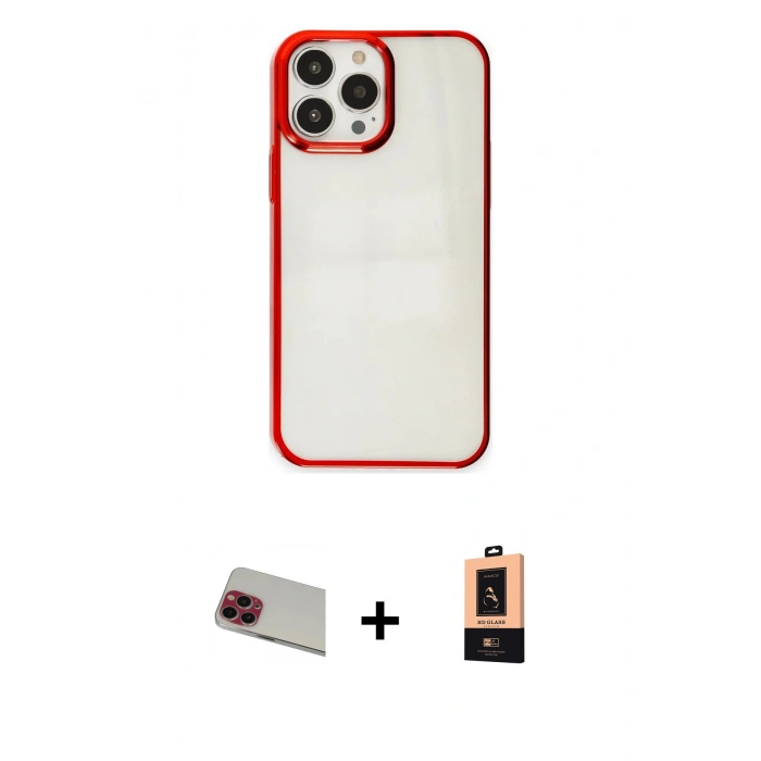 MARSİLYAN™- iPhone 13 Pro Max Kılıf Doruk Doku Prime - Şeffaf Maxco Cam Ekran Koruyucu + Rainbow Kamera Lens Koruma Cam - KI