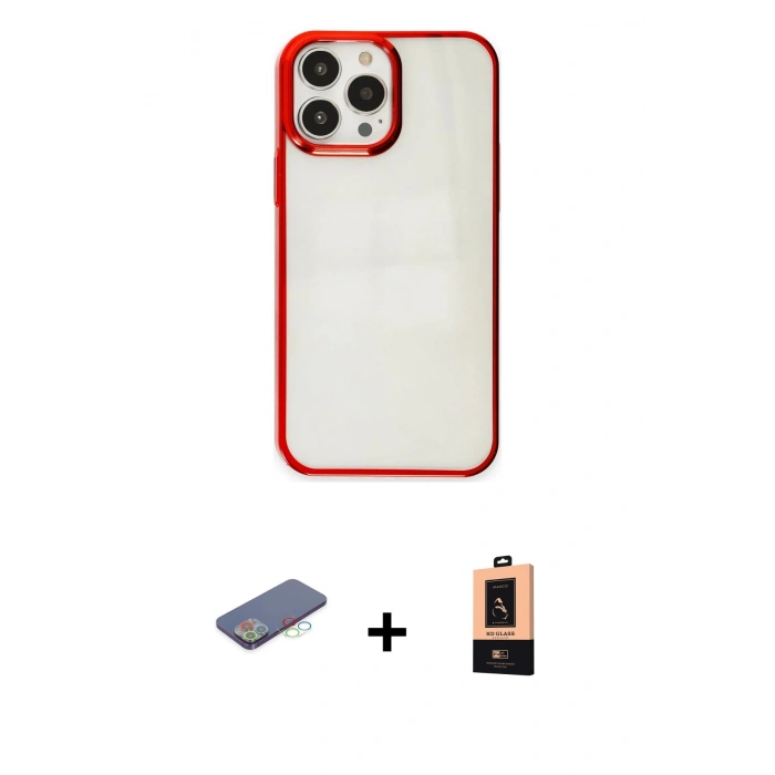 MARSİLYAN™- iPhone 13 Pro Max Kılıf Doruk Doku Prime - Şeffaf Maxco Cam Ekran Koruyucu + Renkli Kamera Lens Koruma Cam - MI