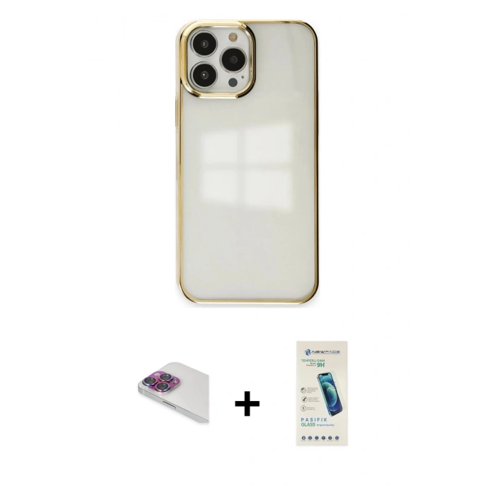MARSİLYAN™- iPhone 13 Pro Max Kılıf Doruk Doku Prime - Şeffaf Pasifik Cam Ekran Koruyucu + Pers Alüminyum Kamera Lens - GI