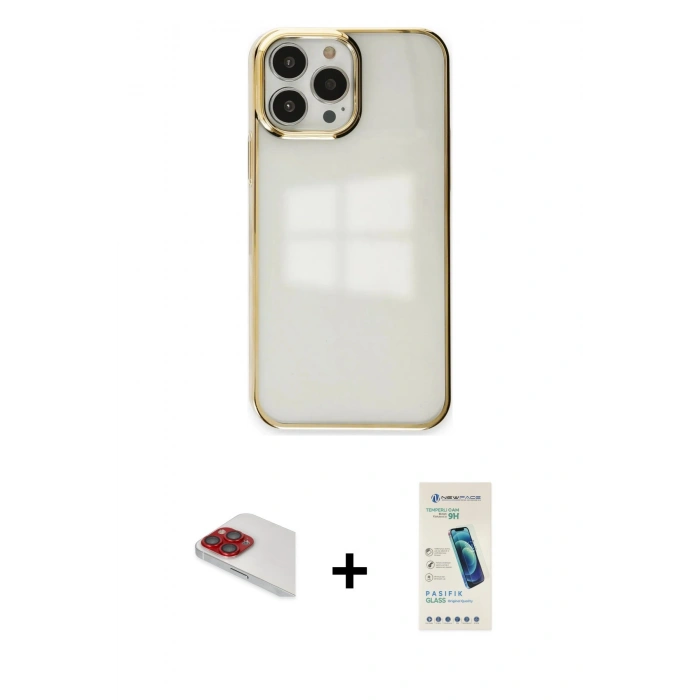 MARSİLYAN™- iPhone 13 Pro Max Kılıf Doruk Doku Prime - Şeffaf Pasifik Cam Ekran Koruyucu + Pers Alüminyum Kamera Lens - KI