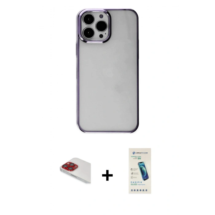MARSİLYAN™- iPhone 13 Pro Max Kılıf Doruk Doku Prime - Şeffaf Pasifik Cam Ekran Koruyucu + Pers Alüminyum Kamera Lens - KI