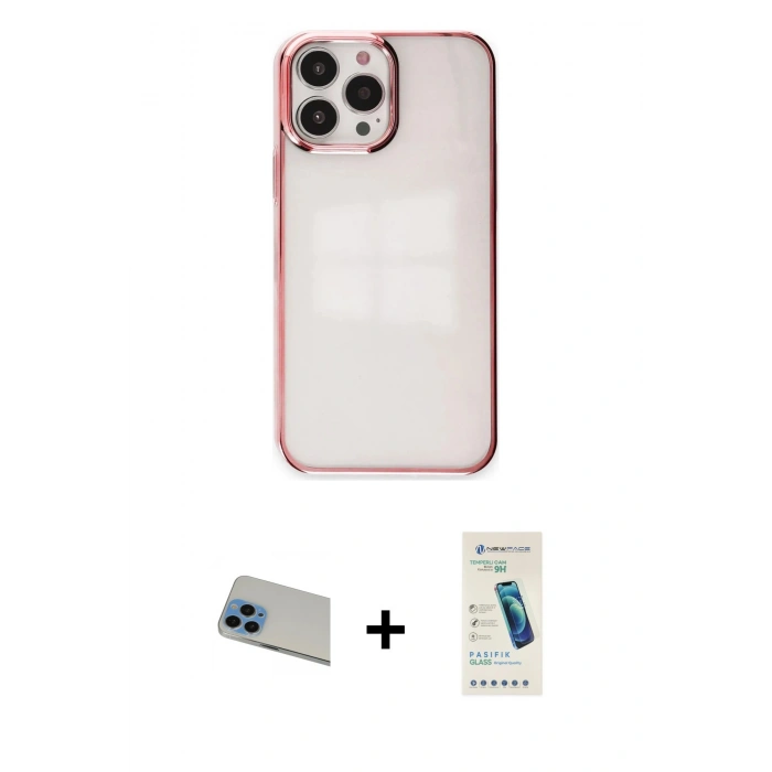 MARSİLYAN™- iPhone 13 Pro Max Kılıf Doruk Doku Prime - Şeffaf Pasifik Cam Ekran Koruyucu + Mavi Rainbow Kamera Lens Koruma Cam