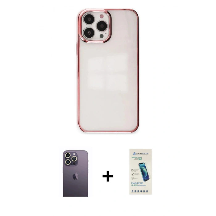 MARSİLYAN™- iPhone 13 Pro Max Kılıf Doruk Doku Prime - Şeffaf Pasifik Cam Ekran Koruyucu + Neon Fosforlu Kamera Lens - BZ