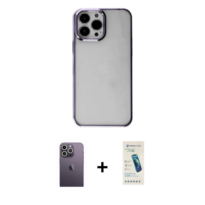 MARSİLYAN™- iPhone 13 Pro Max Kılıf Doruk Doku Prime - Şeffaf Pasifik Cam Ekran Koruyucu + Neon Fosforlu Kamera Lens - BZ