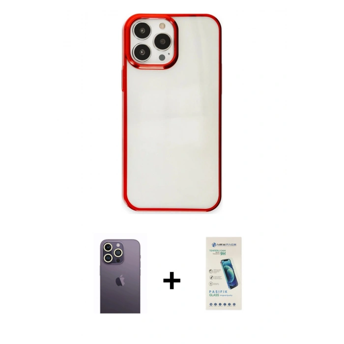 MARSİLYAN™- iPhone 13 Pro Max Kılıf Doruk Doku Prime - Şeffaf Pasifik Cam Ekran Koruyucu + Neon Fosforlu Kamera Lens - BZ