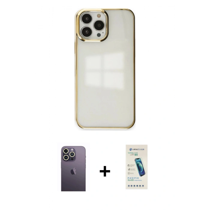 MARSİLYAN™- iPhone 13 Pro Max Kılıf Doruk Doku Prime - Şeffaf Pasifik Cam Ekran Koruyucu + Neon Fosforlu Kamera Lens - BZ