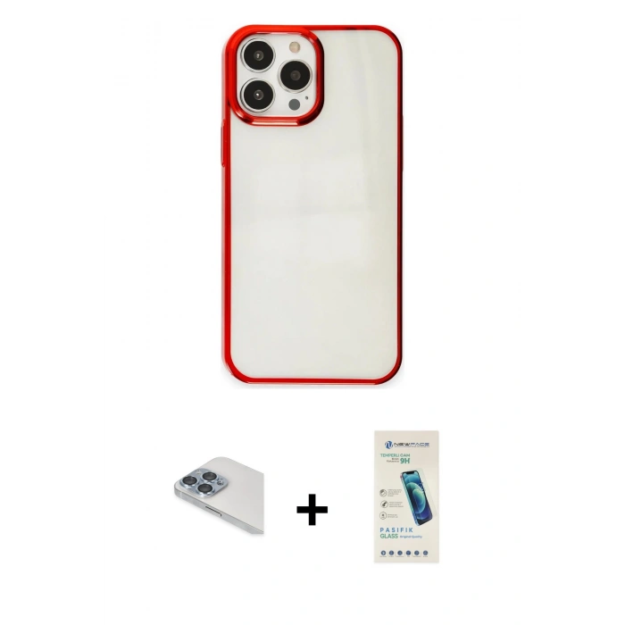MARSİLYAN™- iPhone 13 Pro Max Kılıf Doruk Doku Prime - Şeffaf Pasifik Cam Ekran Koruyucu + Pers Alüminyum Kamera Lens - SABE