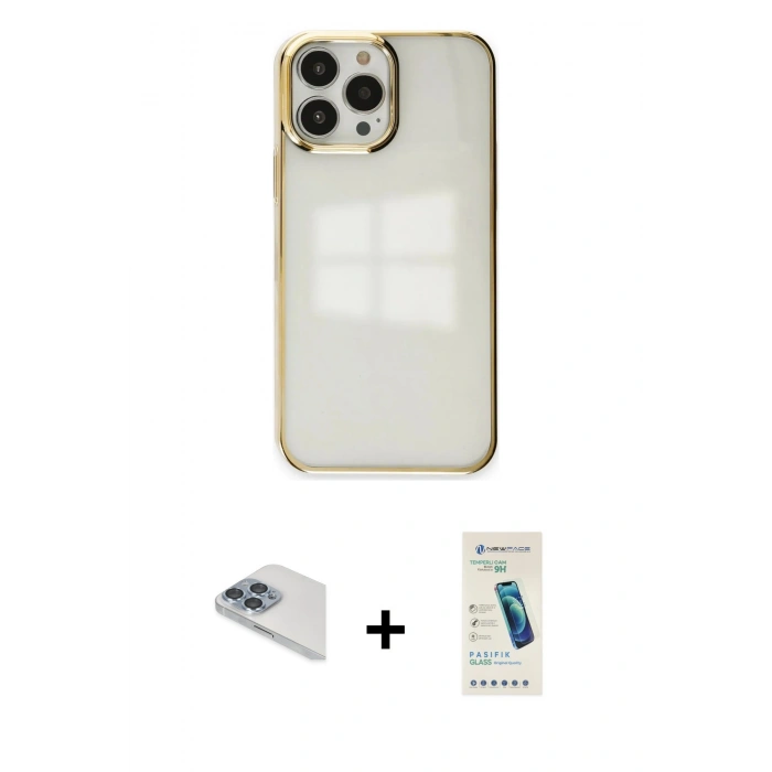 MARSİLYAN™- iPhone 13 Pro Max Kılıf Doruk Doku Prime - Şeffaf Pasifik Cam Ekran Koruyucu + Pers Alüminyum Kamera Lens - SABE