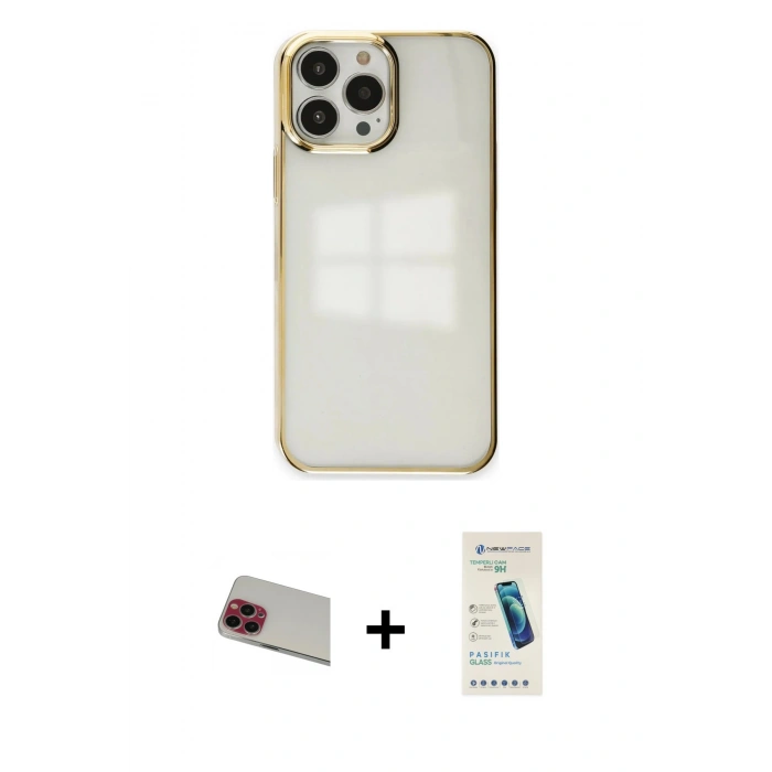 MARSİLYAN™- iPhone 13 Pro Max Kılıf Doruk Doku Prime - Şeffaf Pasifik Cam Ekran Koruyucu + Rainbow Kamera Lens Koruma Cam - KI