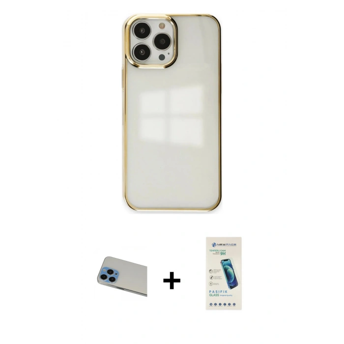 MARSİLYAN™- iPhone 13 Pro Max Kılıf Doruk Doku Prime - Şeffaf Pasifik Cam Ekran Koruyucu + Rainbow Kamera Lens Koruma Cam - MI