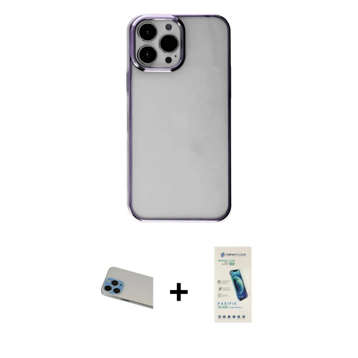 MARSİLYAN™- iPhone 13 Pro Max Kılıf Doruk Doku Prime - Şeffaf Pasifik Cam Ekran Koruyucu + Rainbow Kamera Lens Koruma Cam - MI