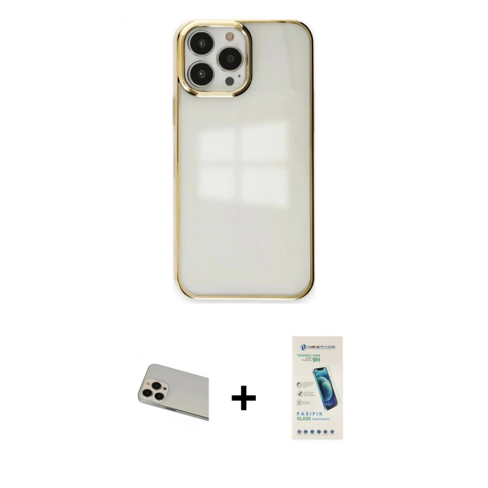 MARSİLYAN™- iPhone 13 Pro Max Kılıf Doruk Doku Prime - Şeffaf Pasifik Cam Ekran Koruyucu + Rainbow Kamera Lens Koruma Cam - REGD