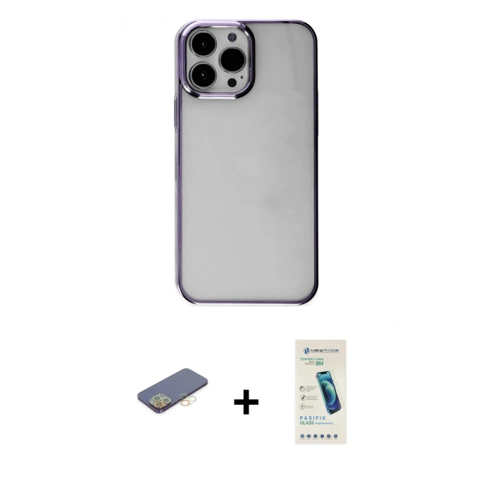 MARSİLYAN™- iPhone 13 Pro Max Kılıf Doruk Doku Prime - Şeffaf Pasifik Cam Ekran Koruyucu + Renkli Kamera Lens Koruma Cam - SI