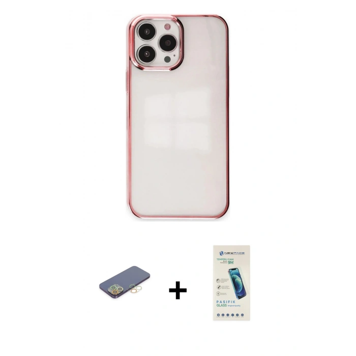 MARSİLYAN™- iPhone 13 Pro Max Kılıf Doruk Doku Prime - Şeffaf Pasifik Cam Ekran Koruyucu + Renkli Kamera Lens Koruma Cam - SI