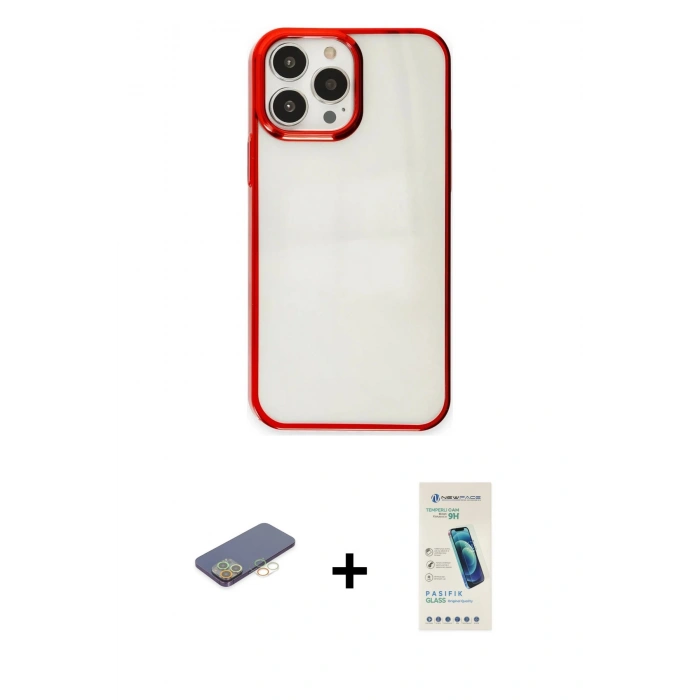 MARSİLYAN™- iPhone 13 Pro Max Kılıf Doruk Doku Prime - Şeffaf Pasifik Cam Ekran Koruyucu + Renkli Kamera Lens Koruma Cam - SI