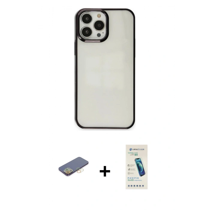 MARSİLYAN™- iPhone 13 Pro Max Kılıf Doruk Doku Prime - Şeffaf Pasifik Cam Ekran Koruyucu + Renkli Kamera Lens Koruma Cam - SI