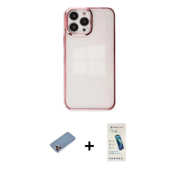 MARSİLYAN™- iPhone 13 Pro Max Kılıf Doruk Doku Prime - Şeffaf Pasifik Cam Ekran Koruyucu + Shine Kamera Lens Koruma Cam - PE