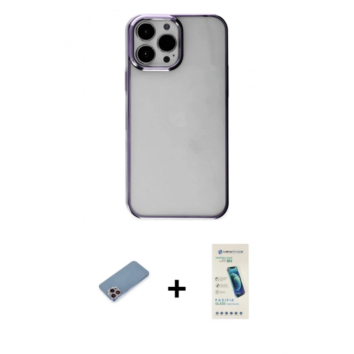 MARSİLYAN™- iPhone 13 Pro Max Kılıf Doruk Doku Prime - Şeffaf Pasifik Cam Ekran Koruyucu + Shine Kamera Lens Koruma Cam - PE