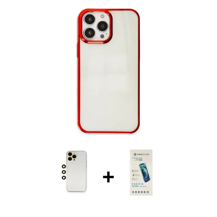 MARSİLYAN™- iPhone 13 Pro Max Kılıf Doruk Doku Prime - Şeffaf Pasifik Cam Ekran Koruyucu + Shine Kamera Lens - GD