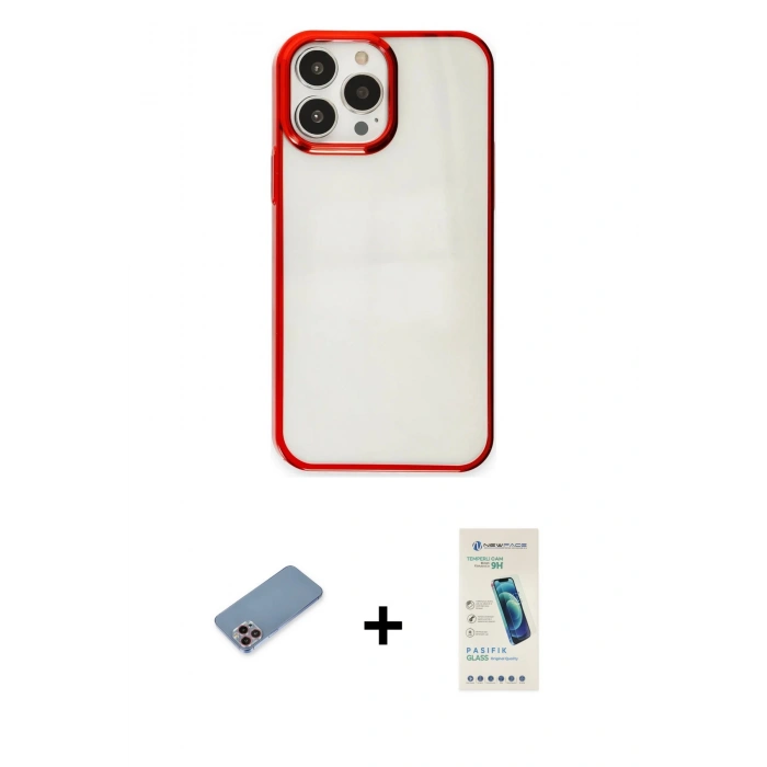 MARSİLYAN™- iPhone 13 Pro Max Kılıf Doruk Doku Prime - Şeffaf Pasifik Cam Ekran Koruyucu + Shine Kamera Lens Koruma Cam - PE