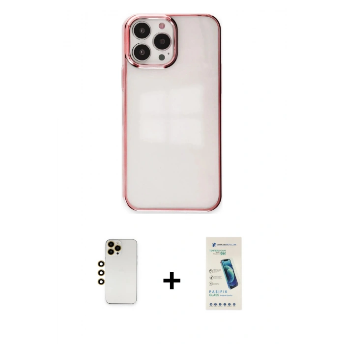 MARSİLYAN™- iPhone 13 Pro Max Kılıf Doruk Doku Prime - Şeffaf Pasifik Cam Ekran Koruyucu + Shine Kamera Lens - GD