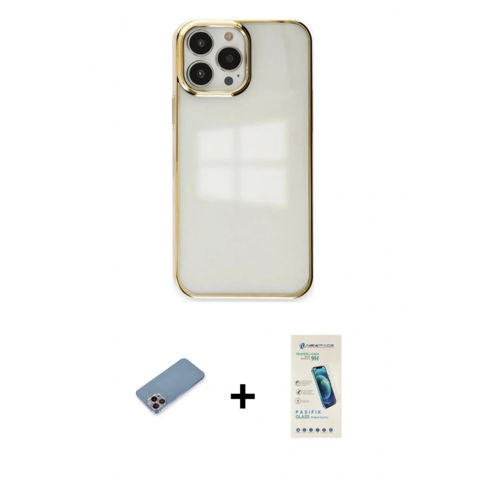 MARSİLYAN™- iPhone 13 Pro Max Kılıf Doruk Doku Prime - Şeffaf Pasifik Cam Ekran Koruyucu + Shine Kamera Lens Koruma Cam - PE