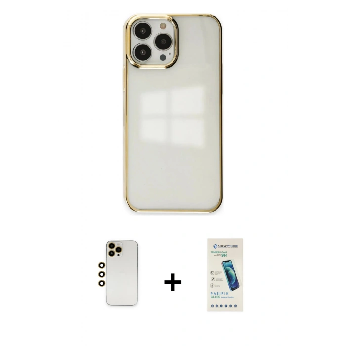 MARSİLYAN™- iPhone 13 Pro Max Kılıf Doruk Doku Prime - Şeffaf Pasifik Cam Ekran Koruyucu + Shine Kamera Lens - GD