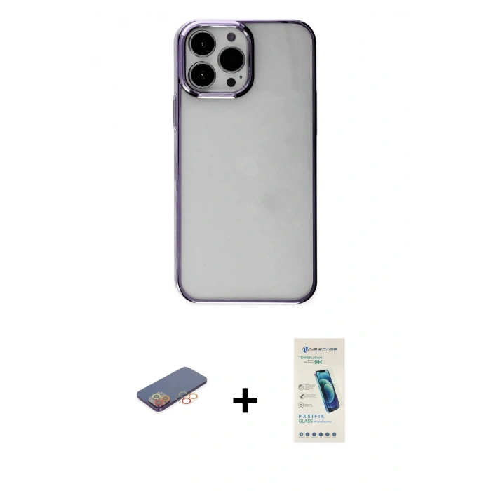 MARSİLYAN™- iPhone 13 Pro Max Kılıf Doruk Doku Prime - Şeffaf Pasifik Cam Ekran Koruyucu + Renkli Kamera Lens Koruma Cam - TU