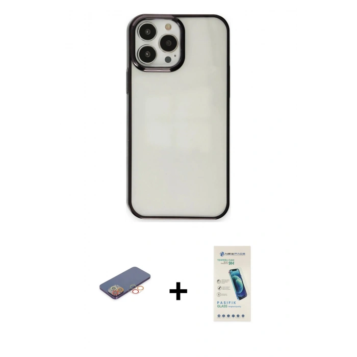 MARSİLYAN™- iPhone 13 Pro Max Kılıf Doruk Doku Prime - Şeffaf Pasifik Cam Ekran Koruyucu + Renkli Kamera Lens Koruma Cam - TU